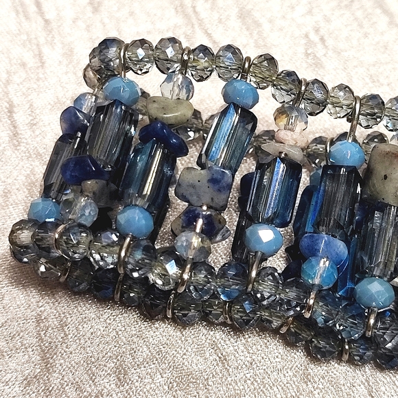 Dusty Blue Gray Faceted Glass Square Tube Beads Natural Stone Stretch Bracelet - Picture 7 of 7